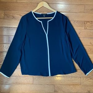 Atmosphere Navy Dressy Split Neck Blouse with White Trim